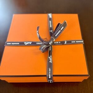 Empty Hermes Orange Box (smaller square) with tissue and new brown (2025) ribbon